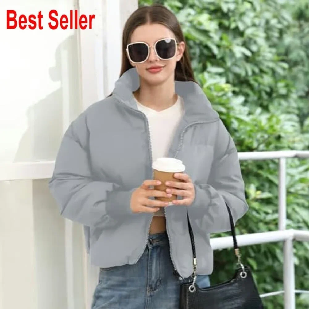 Cropped Puffer Jacket Quilted Oversized Y2K Chic Winter Coat Outerwear